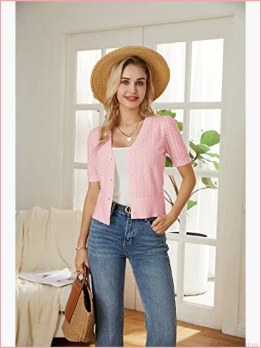 Cropped Cardigan Sweater Short Sleeve Crochet Knit Bolero Shrug V-Neck Button Up - Picture 2 of 6